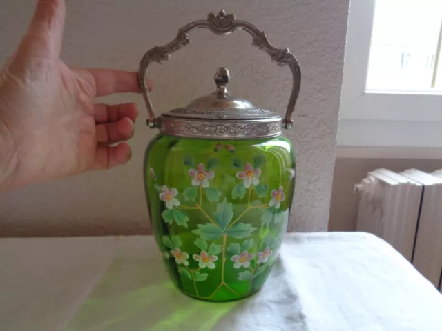 Superbe Seau Boite À Biscuits  En Verre Teinté Vert Décor Or Et Fleurs Émaillées