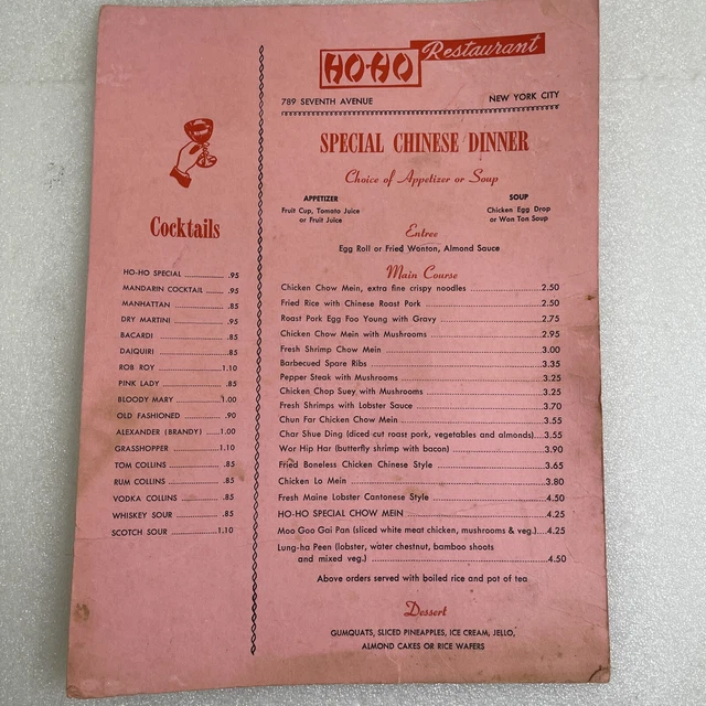 VINTAGE 1950S? HOHO Restaurant Chinese Food Menu New York City NYC £29