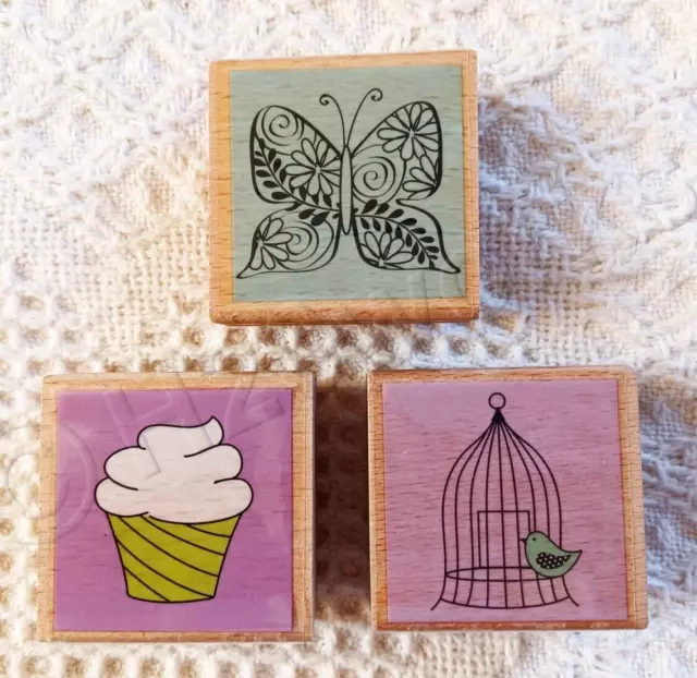 Hampton Art - Studio G Rubberstamps, Butterfly, Cupcake,  Birdcage, LOT OF 3