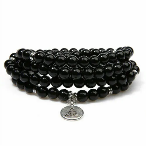 6mm Obsidian 108 Beads Buddha Pendant Bracelet Lucky Yoga Buddhism Ruyi Pray