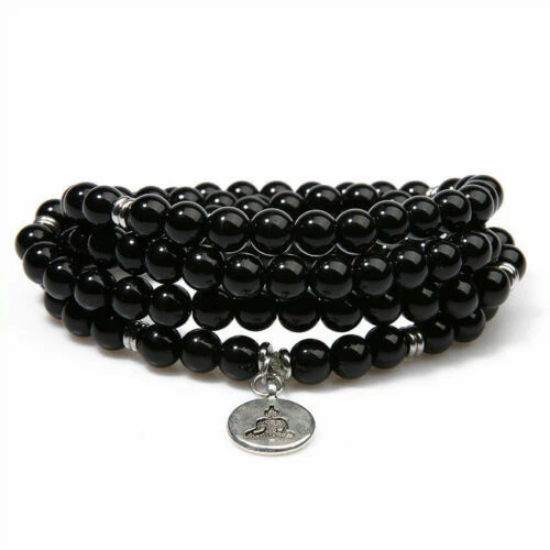 6mm Obsidian 108 Beads Buddha Pendant Bracelet Lucky Yoga Buddhism Ruyi Pray