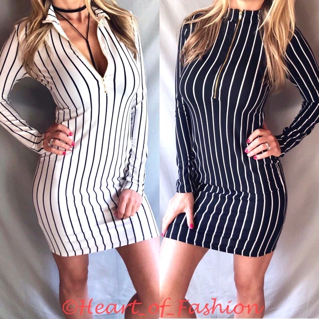 Donna a Righe Manica Lunga Cerniera Anteriore Sexy Aderente Attillata Mini Abito