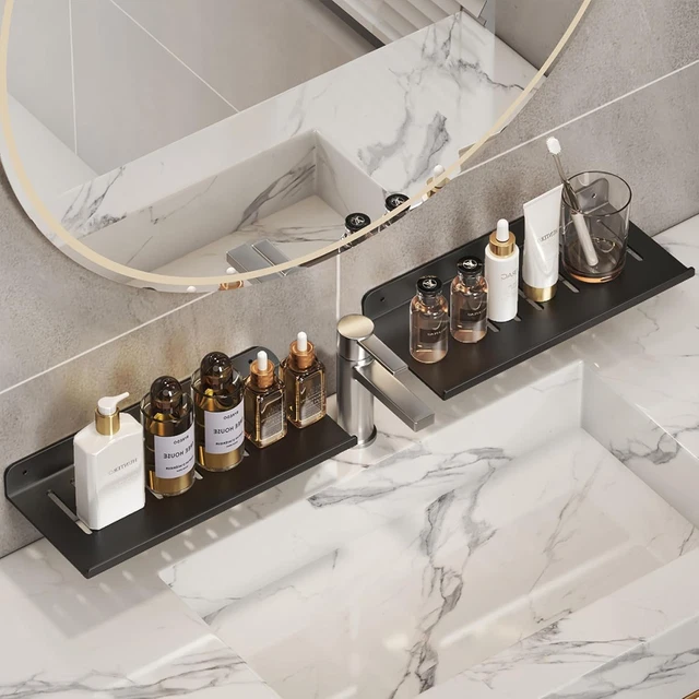 Lehuveky Mensola Doccia 3 Pezzi, Senza Fori, Acciaio Inox, Adesiva O A Vite, Con 17 Ganci, Antiruggine, Per Bagno E Cucina, Nero - 2