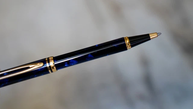 Stylo Waterman Edson En Résine Bleue - Bille/Roller - Capuchon Plaqué Or 18 Carats - Occasion
