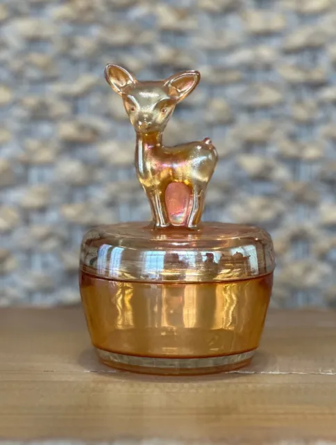 Vintage Deer/Fawn Jeanette Marigold Carnival Glass Trinket Candy Powder Dish Jar