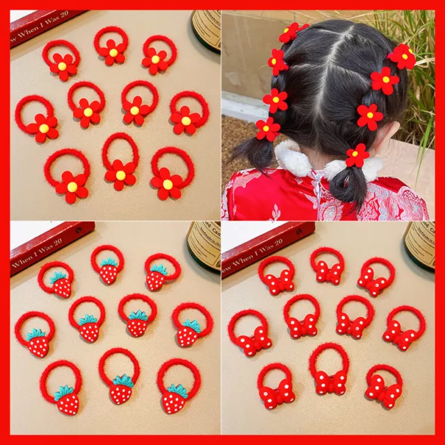 10Pcs New Year Red Hair Band Cute Flower Strawberry Star Tie Hair Loops