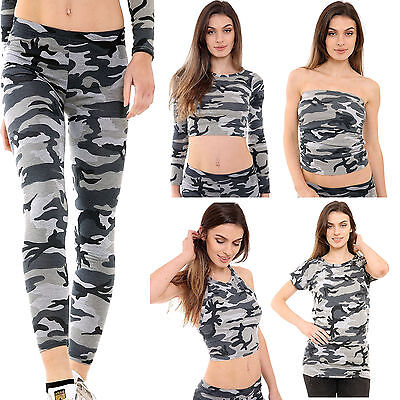 New Women's Army Camouflage Print Legging Cami Crop Top Vest Tunic Top Size 8-22