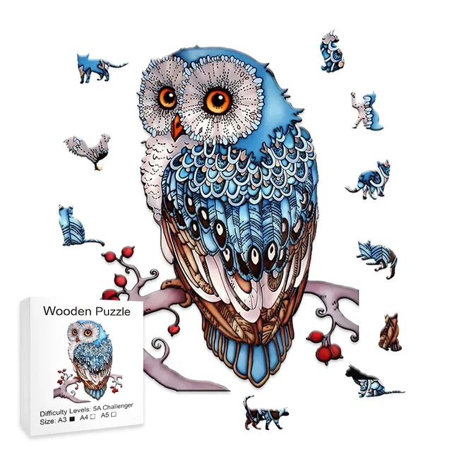 A3 Blue Owl Wooden Wood Jigsaw Puzzle Laser Cut Vivid Colors UV Printed