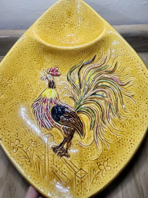 California Pottery Vintage Rooster Chip & Dip Plater #1060 Burnt Yellow MCM