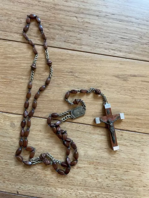OUR LADY of LOURDES CRUCIFIX ROSARY, Wooden Beads, Metal Wrapped Cross, 18"