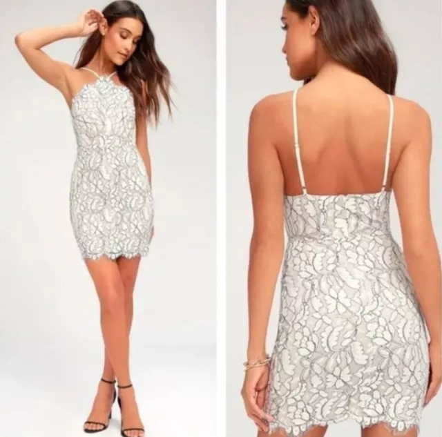 LULUS DELICATE DARLING Beige Ivory Lace Bodycon Dress 26.53