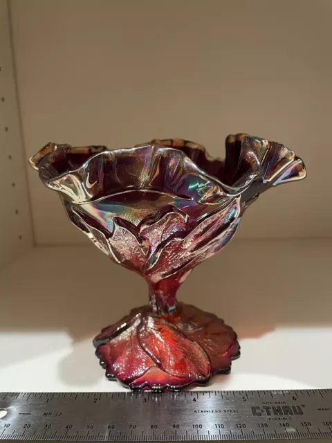 Imperial Carnival Glass  Ruby Red Acanthus Leaf Sunset Bowl Candy Dish Pedestal