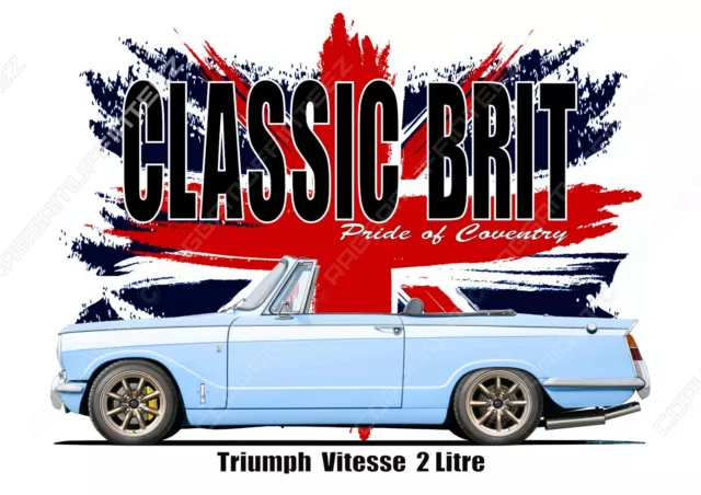 TRIUMPH VITESSE 2 LITRE  t-shirt.  CLASSIC BRIT. RETRO CAR. OLD SKOOL. FLAG.