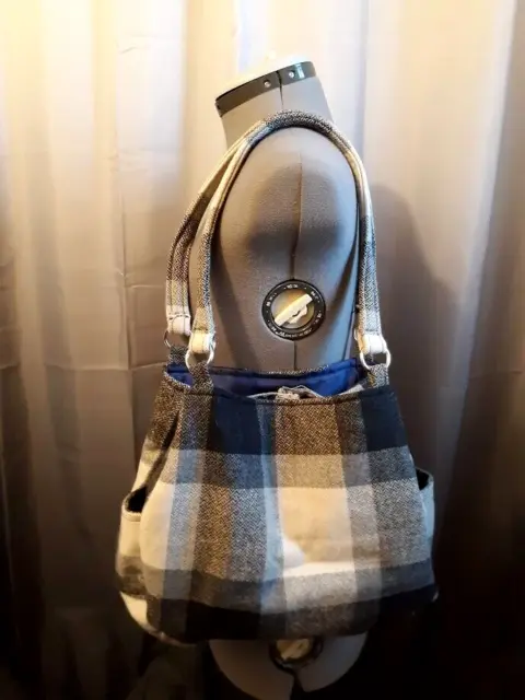 Classic Plaid Wool Handbag Purse Shoulder bag Satchel Gray Black Ivory Blue Med