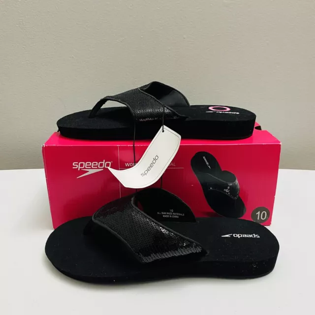 Speedo Women's 10 Fun Wedge Platform Flip Flop Thong Sandals Slides Black Sequin