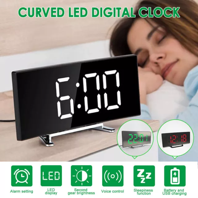 Curved Digital Alarm Clock LED Mirror Display Temperature Home Bedside Clock UK