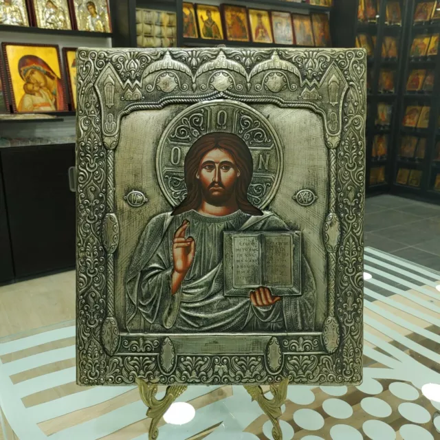 Icono de estilo antiguo ortodoxo de metal de alpaca pintado a mano de Jesucristo