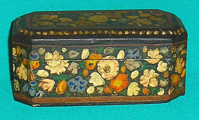 19th Cent Wooden Floral Painted Kashmiri Rectangular Octagonal Trinket Box