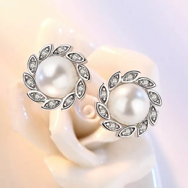 Crystal Pearl Fashion Stud Earrings 925 Sterling Silver Jewellery Women Gift UK