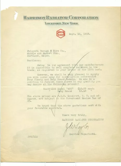 1919 Harrison Radiator Corp to Falmouth Garage and Tire Co. 9/16/19 Letter LH1.