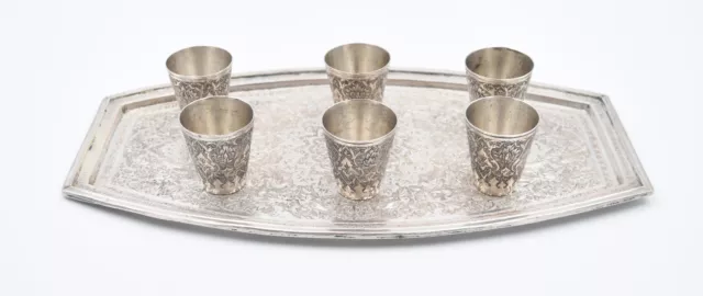 Antique Qajar Persian Islamic Solid Silver  6 Goblets With Tray Flowers Animals