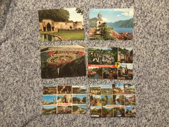 Six European postcards. 6 posted 4 unused. Lourdes in 1980, others 1960’s