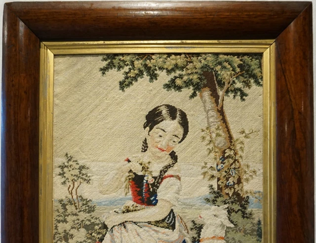 MID 19TH CENTURY NEEDLEPOINT OF YOUNG GIRL WITH HER PET KID GOAT - c.1860 2