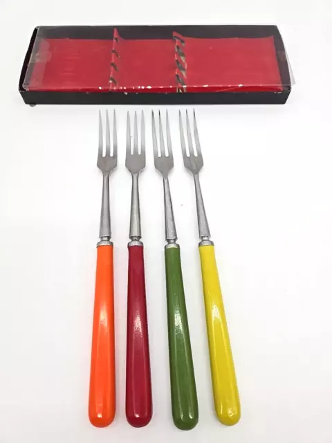Set of 5 Vintage Stainless Steel Retro 3 Tine Fondue Forks Plastic Handles Japan