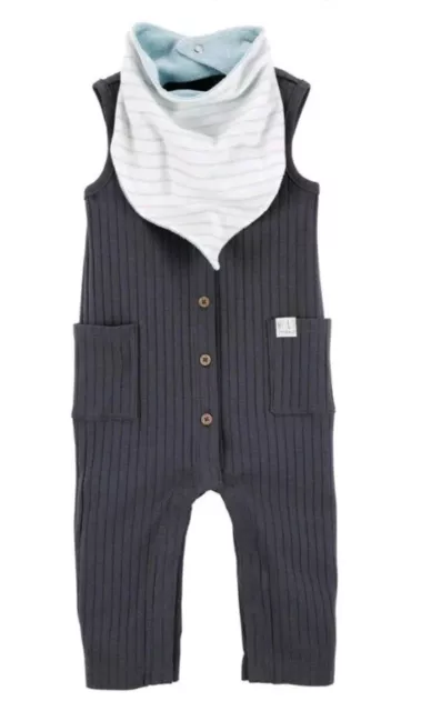 Carters 2 Piece Jumpsuit & Bandana Bib Set Baby Boy 12Mo Gray Sleeveless Pants