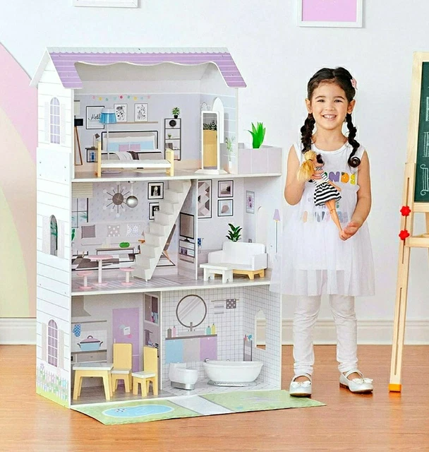 CASA BARBIE E Bambole In Legno Con Arredi E Terrazza Grande EUR