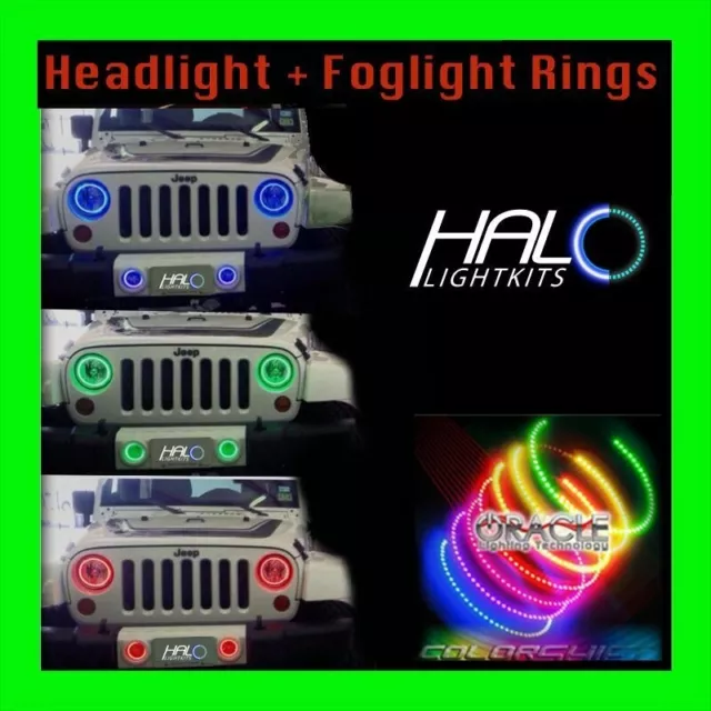 2007-2014 Oracle Jeep Wrangler Colorshift LED Phare Avant + Fog Halo Complet Set