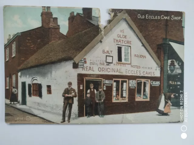 old postcard, old eccles cake shop, manchester, england, damaged