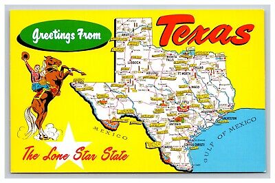 Map of Texas TX The Lone Star State and Cowboy Postcard