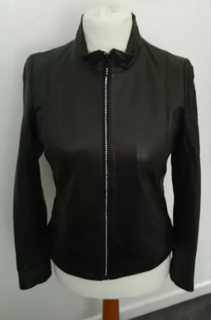 LAKELAND - REAL LEATHER Jacket DIAMANTE Zip Black Soft Size 10/12 - STUNNING