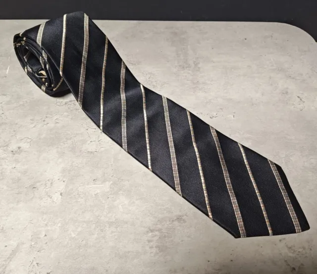 Vintage Burberry 100% Silk Mens Tie Nova Check Black Striped Beige Made In Italy