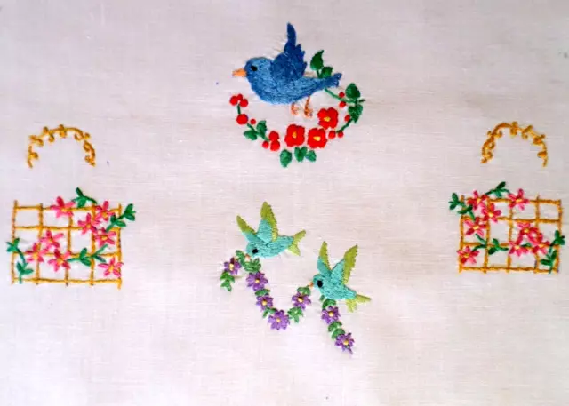 VINTAGE Picture BLUE BIRDS Hand Embroidered SAMPLER Trellis FLORAL Cushion Cover