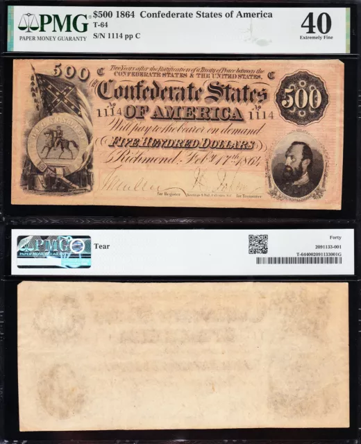 Amazing HIGH GRADE T-64 1864 $500 Confederate CSA Note! PMG 40! FREE SHIPPING!