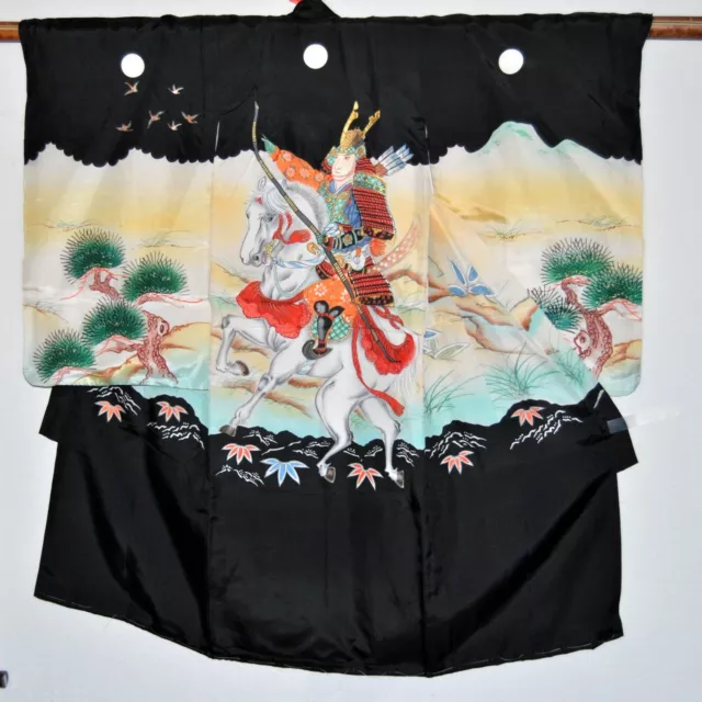 Samurai Silk Kimono Boys Ceremonial Outfit Black with Embroidery 3