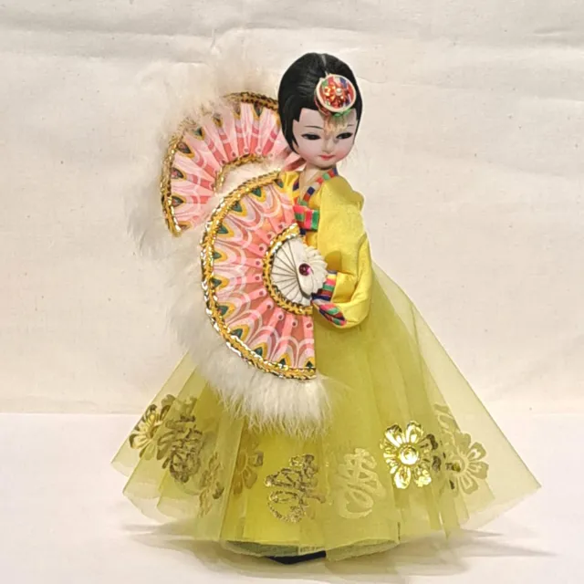 Vintage Korean Fan Doll in Hanbok Dress Asian oriental ethnic Doll 9.75 Inches