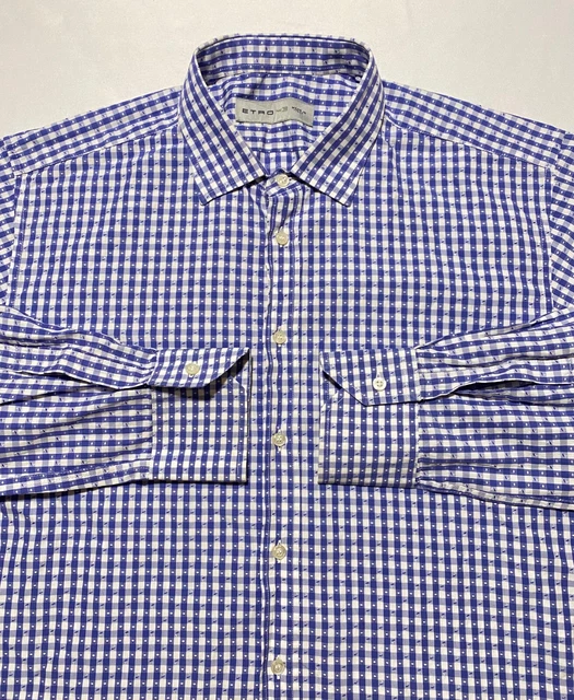 Etro Check Paisley Polka Dot White Violet Men Dress Shirt Sz 43 (US M) Italy EUC