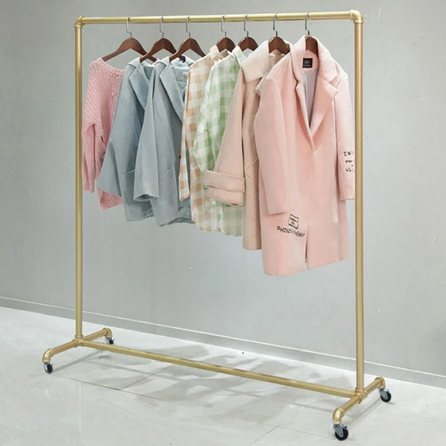 Gold Commercial Clothes Stand Industrial Tube Clothing Rack with Wheel TOP