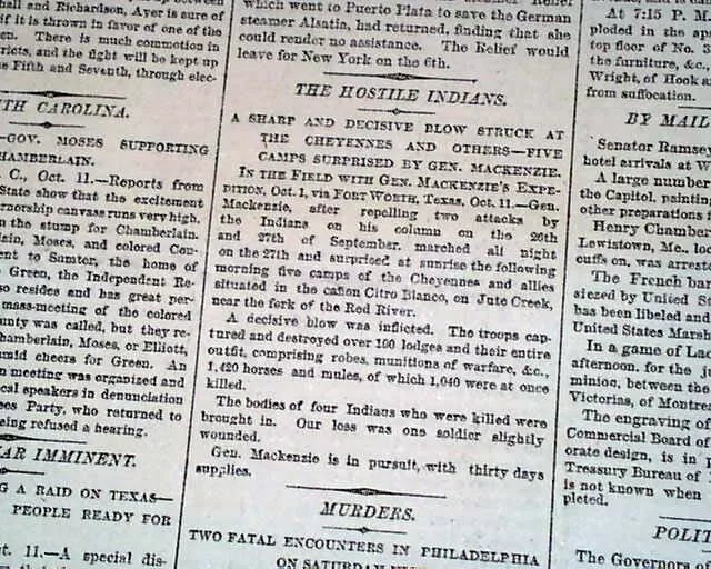 Battle of Palo Duro Canyon Red River War Texas Cheyennes Indians 1874 Newspaper