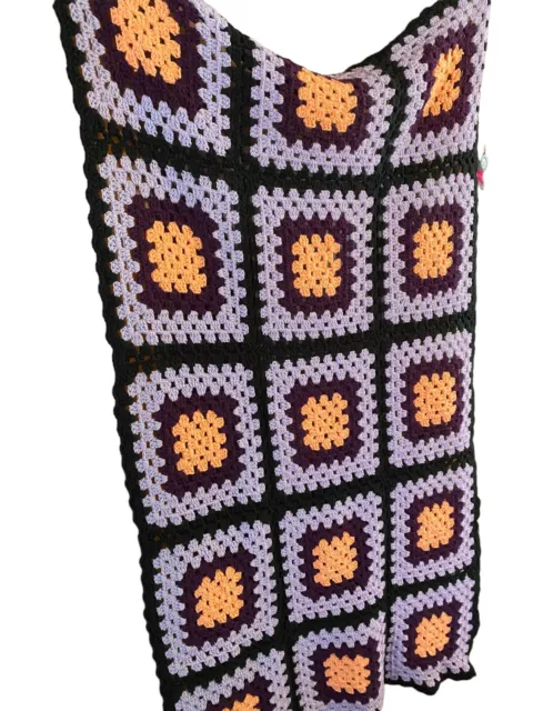 Afghan Blanket Throw Lap Granny Square Hand Crochet 57x31" Purple Black Lilac