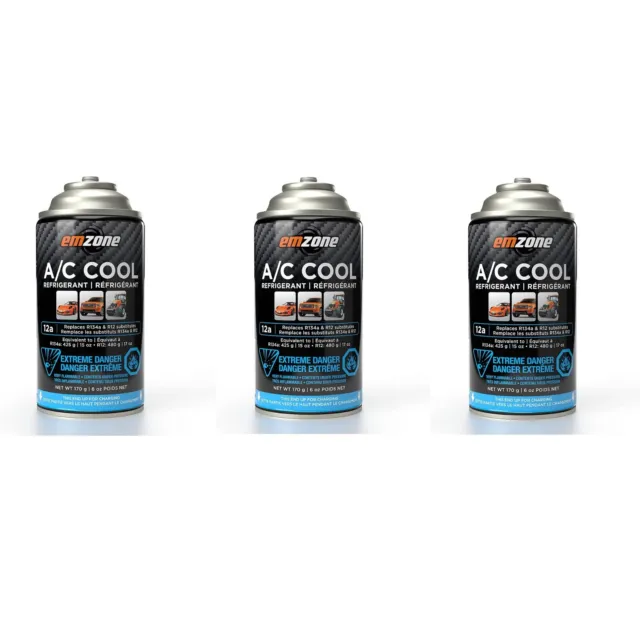 3 Cans Emzone Multi 12A A/C Cool Refrigerant Repalcement for R-12 and R134a