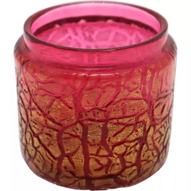Antique Bohemian Kralik Crackle Glass Cranberry Red and Gold Dresser Jar c. 1900