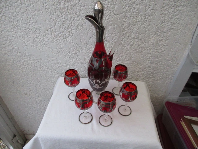 Magnifique Service A Liqueur En Cristal Style Murano 5 Varres Et Une Carafe
