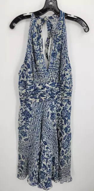 Donna Morgan Dress Womens 14 Blue Ivory Print Silk Backless Halter Lined Flowy