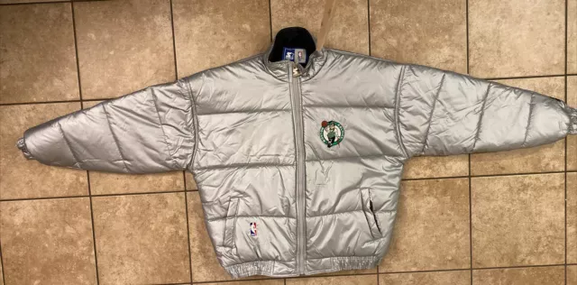 Vintage 90s Boston Celtics Jacket NBA Starter Zip Up Puffer Jacket Large Silver