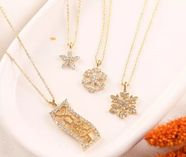 14K Gold Pave Snowflake Necklace, Dainty Silver Snowflake Pendant, Minimalist