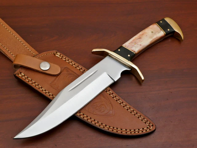 Custom Hand Made D2 Blade Steel Bowie Hunting Knife- Stained Camel Bone- Za-2842